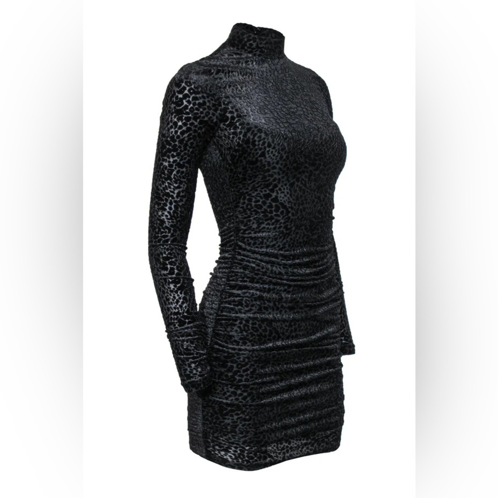 Likely - Black Velvet Leopard Embossed Ruched Long Sleeve Bodycon